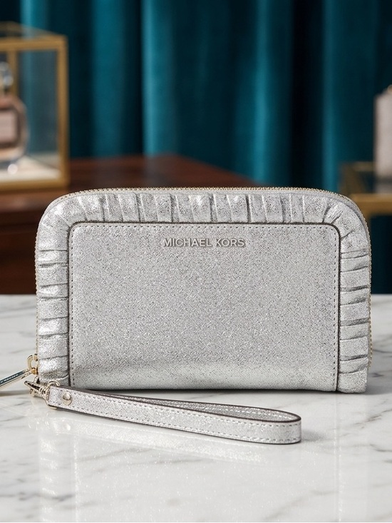Michael Kors Handbags - Michael Kors Silver Metallic Glitter Wristlet Clutch with Detachable Strap